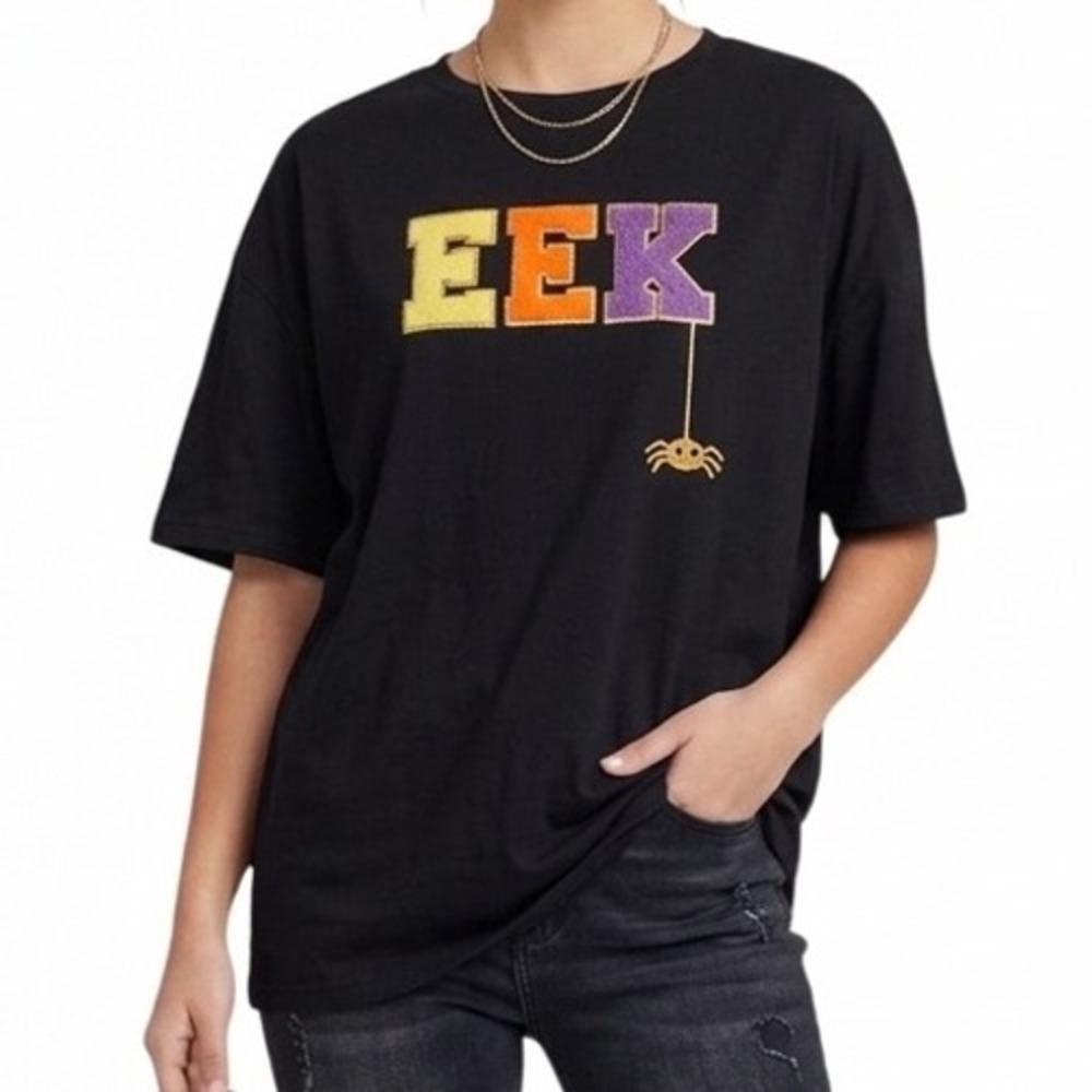 EEK Halloween T-Shirt Black Chenille‎ Patch Spider Spooky Season Women XL